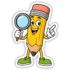 Pointy the Pencil Sticker with magnifying glass and raised finger – fun detective-themed sticker for learning and observation