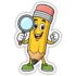 Pointy the Pencil Sticker holding a magnifying glass – fun classroom sticker for curiosity and discovery