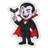 Dracula Halloween Sticker – Cartoon vampire with black cape, red vest, and flying bat
