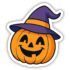 Smiling pumpkin Halloween sticker wearing a purple witch hat – cheerful cartoon design