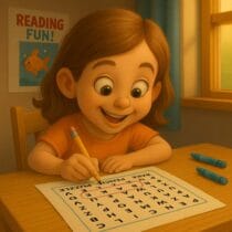 Young girl happily solving a word search puzzle at a sunlit table with crayons and a “Reading Fun!” poster in the background