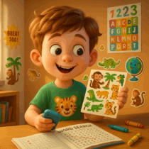 Boy using stickers and word puzzles – screen-free activities for kids