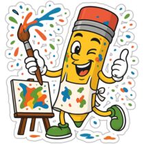 Cartoon pencil character Pointy covered in paint holding a brush next to a messy easel