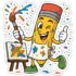 Cartoon pencil character Pointy covered in paint holding a brush next to a messy easel