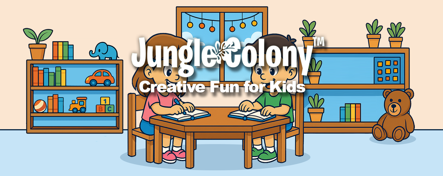 Two children playing with puzzle books at a sunlit table in a cozy learning space – Jungle Colony educational activity banner