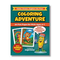 Cover of the Coloring Adventure kids' book featuring a cartoon pencil and jungle-themed coloring pages for ages 4–7