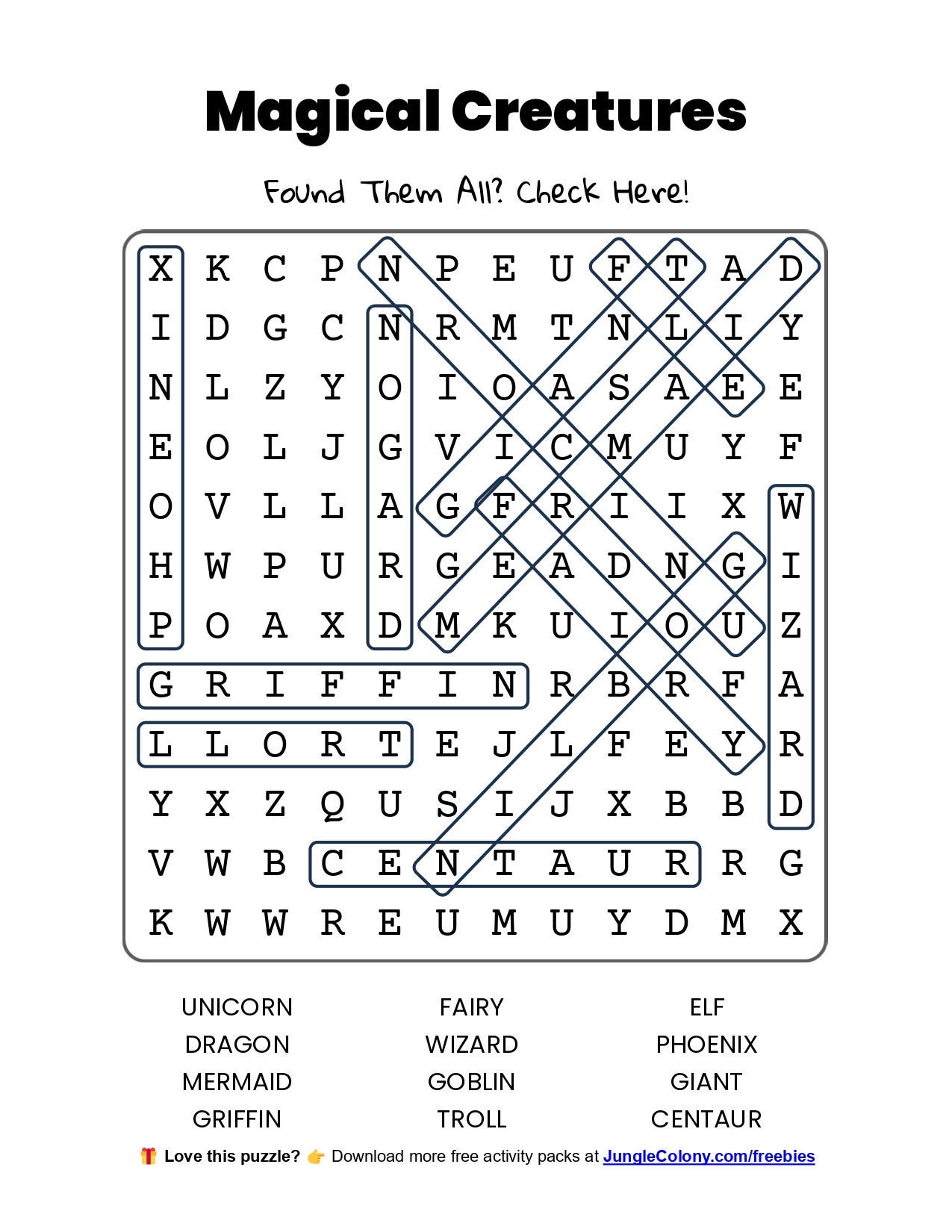 Free word search puzzle answers – Magical Creatures