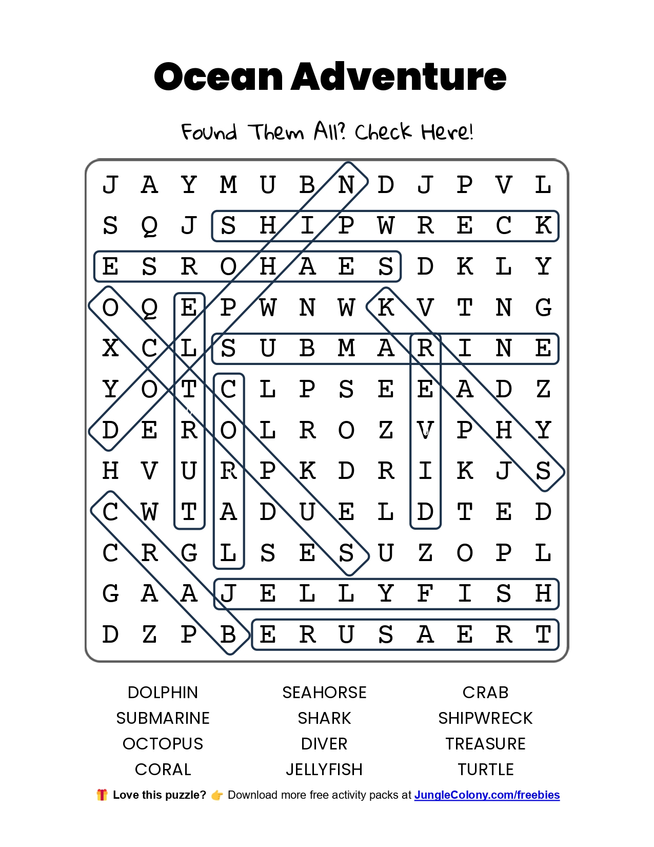 Free word search puzzle answers – Ocean Adventure