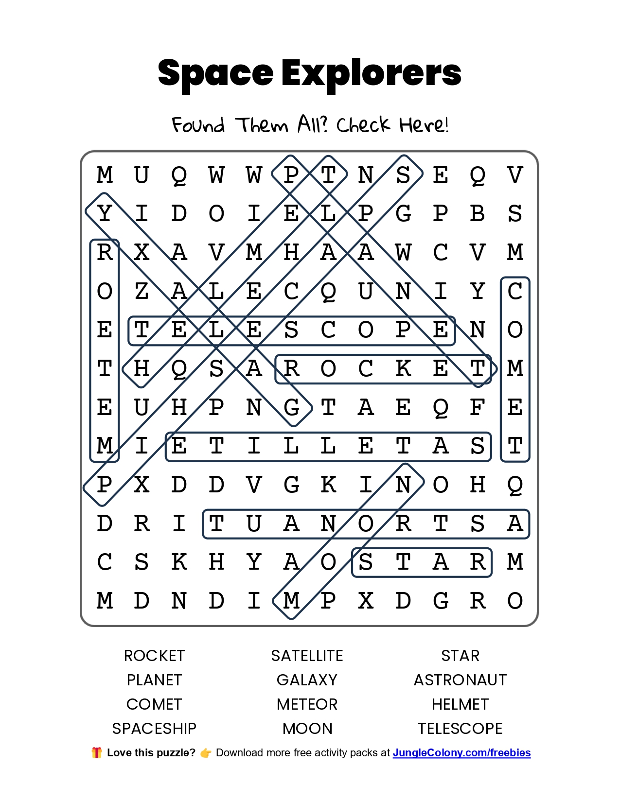 Free word search puzzle answers – Space Explorers