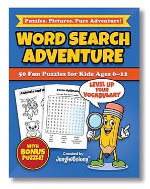 Small Word Search Adventure book cover – Jungle Colony puzzle book for kids
