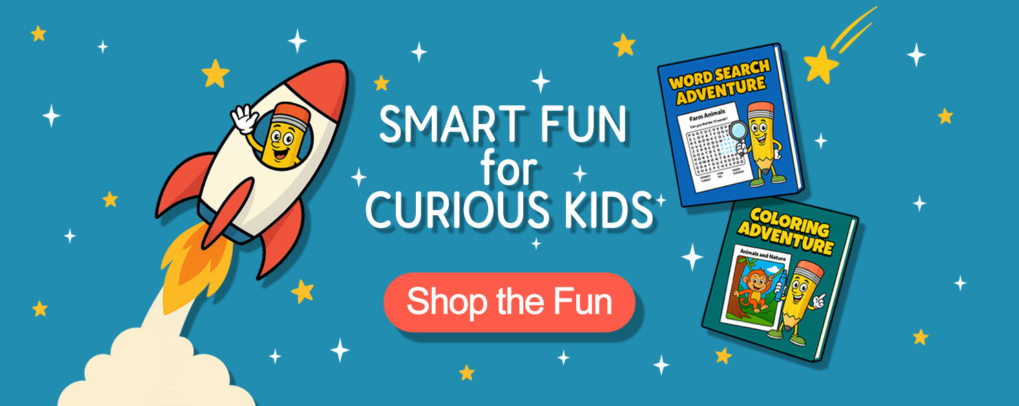 Cartoon rocket and books banner – Smart Fun for Curious Kids, Jungle Colony educational products for children